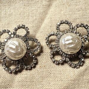 Sparkling Silver and Faux Pearl Crystal Earrings - Clip On